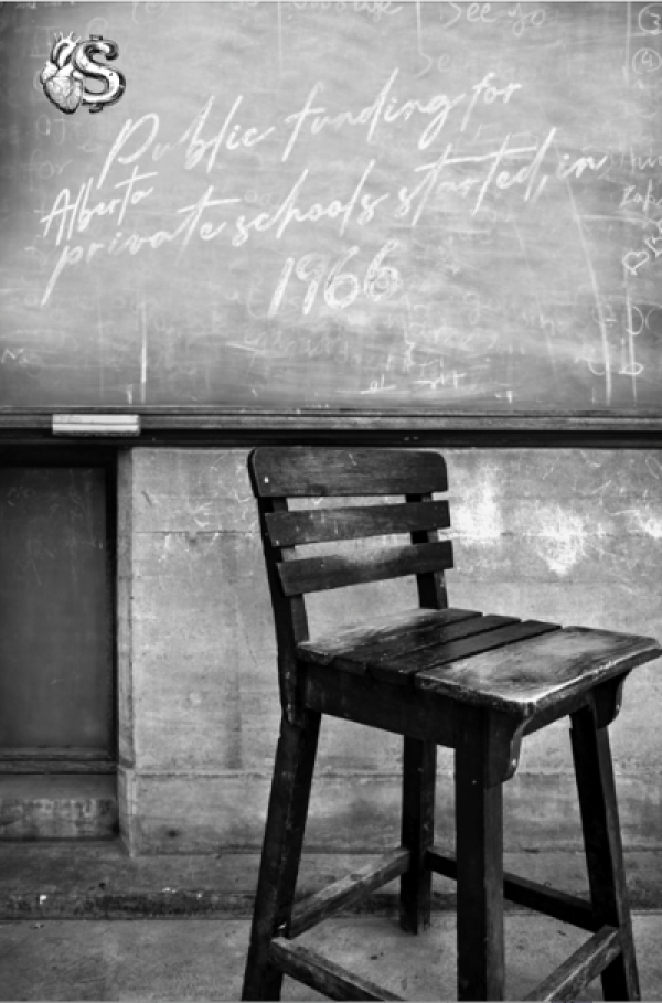 Old classroom circa 1950 / 1960 with chalk writing on the board "Public funding for Alberta private schools started in 1966"