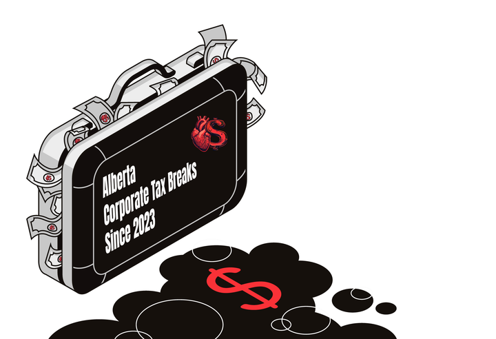 A suitcase marked "Alberta Corporate Tax Breaks Since 2023" full of fictional money with the Blood Business logo next to dark stains on the ground resembling oil. 